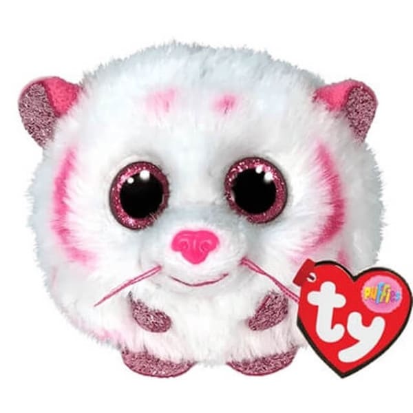 A pink and white tiger bean balls plush named Tabor.